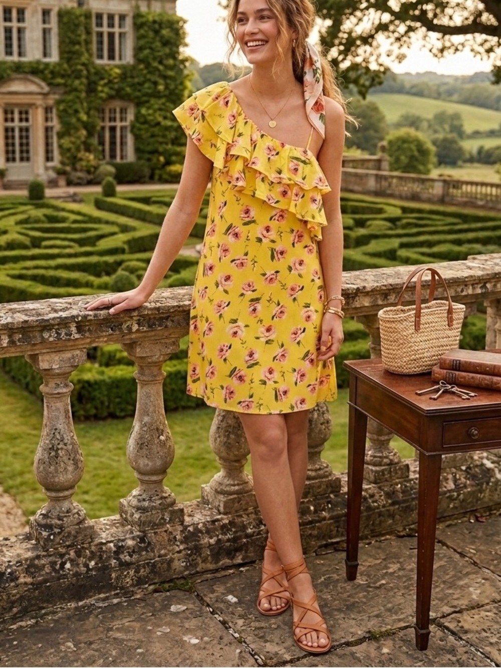 NWT Velvet Heart Yellow Floral One Shoulder Ruffle Dress Cottagecore Summer Sz M